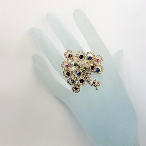 PEACOCK Ring Multicolor Crystals Stretch Band Ring - Picture 3 of 13